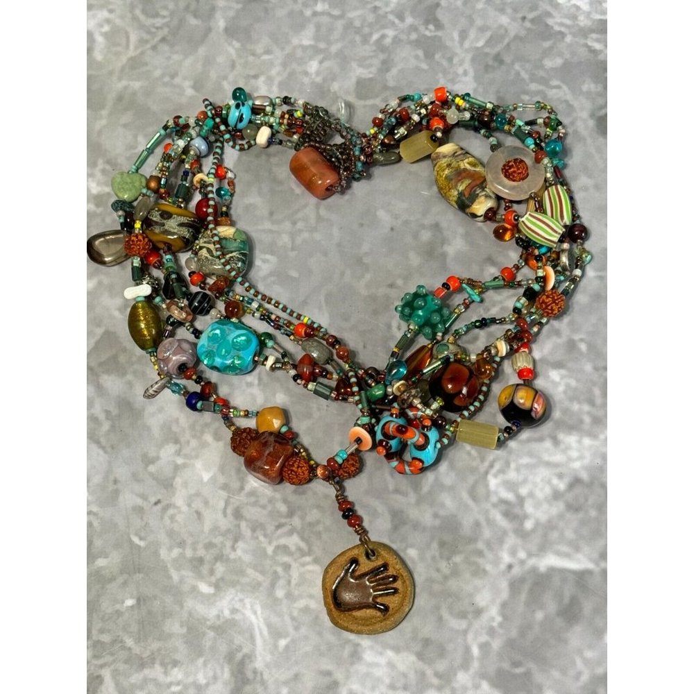 Vintage Multistrand Lampwork Veneitan Murano Beaded Necklace w/Hamsa Talisman - Picture 5 of 11